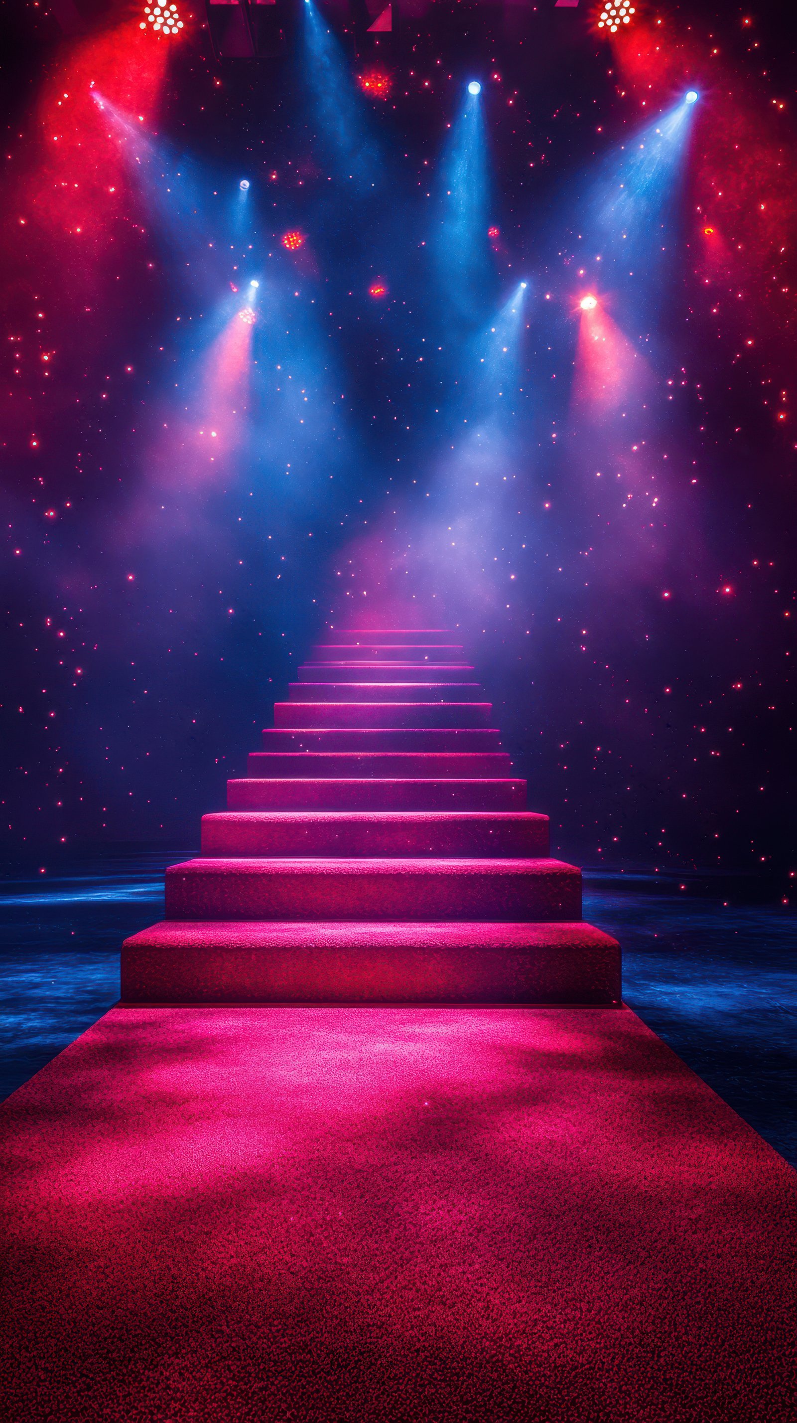 Colorful illuminated stairs leading to a starry backdrop at night event
